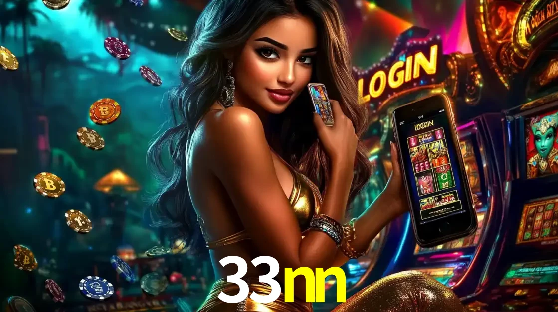 Mulher em um cenário de cassino temático de aventura, mostrando o app de caça-níqueis da 33nn no celular. Fichas de apostas flutuam ao redor.