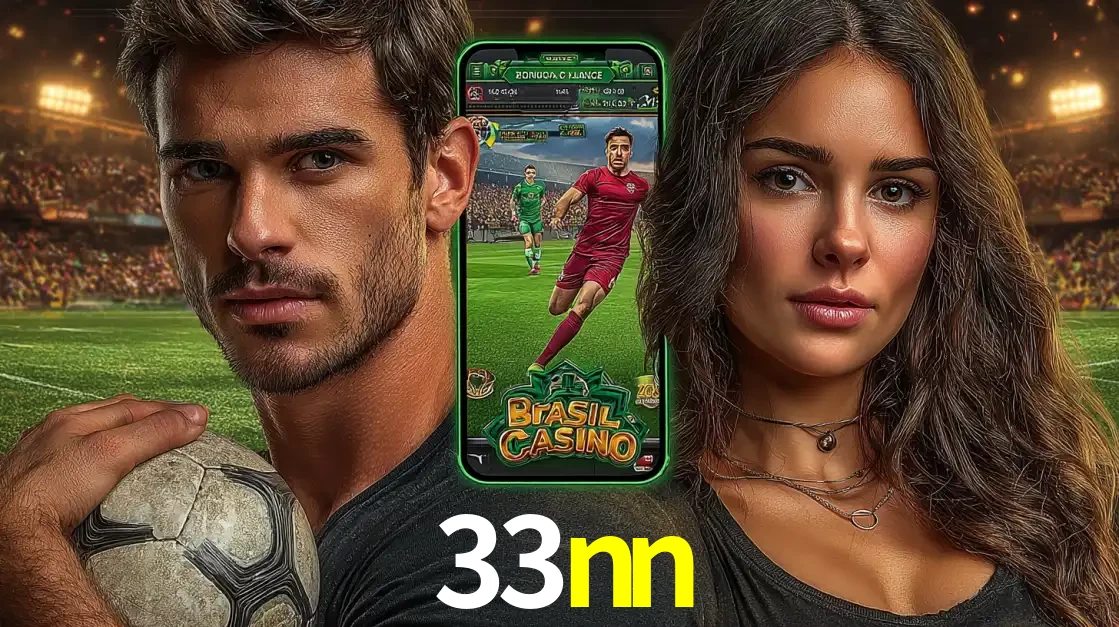 Homem segurando uma bola de futebol e uma mulher ao lado de um smartphone exibindo o jogo de apostas esportivas da 33nn. Faça seu palpite no cassino online.